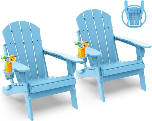 GREENVINES Folding-Adirondack-Chairs-Set-of-2 | HDPE Plastic | Fire Pit Chair | All Weather | Cup Holder | Arctic | for Deck Backyard Patio Outdoor Garden