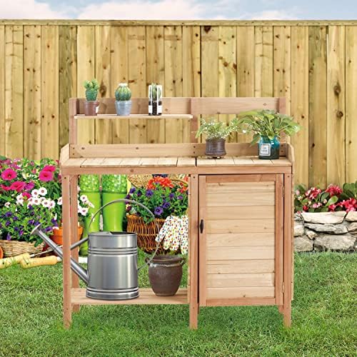 Outdoor Wooden Potting Bench Table with Sink, Garden Table Work Bench with Storage, Workstation for Outside Patio Lawn, Natural