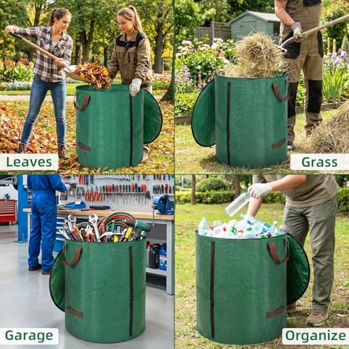 Reusable Leaf Bags 72 Gallon 3 Pack, Heavy Duty Lawn Bags with Lid & Dual Side Support Rods Reusable Yard Waste Bags with Handles Garden Leaf Collector Bag Yard Waste Bin