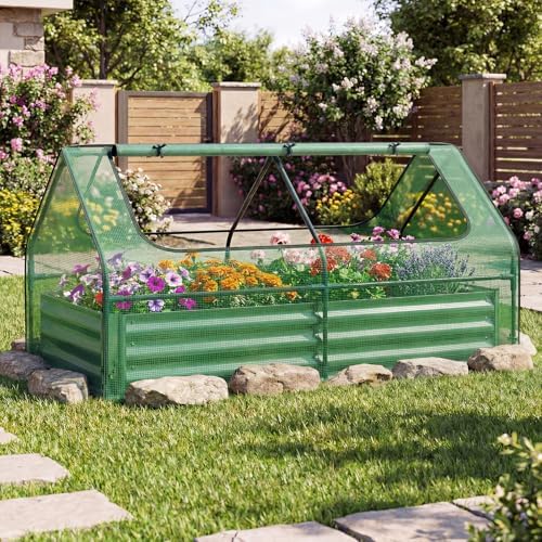 SAFSTAR Raised Garden Bed with Cover, 6FT x 3FT x 3FT Galvanized Bottomless Garden Bed with Greenhouse, Dual 2-Tier Roll-Up Windows, Outdoor Metal Planter Box Kit with Cover (Green)