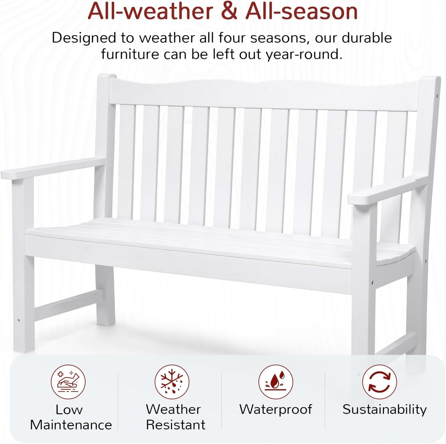 Stoog Garden Bench, 2-Person White Outdoor Bench, All-Weather HIPS Patio Bench with 800 lbs Weight Capacity, Never Rot or Fade, for Garden, Porch, Backyard and Park, White