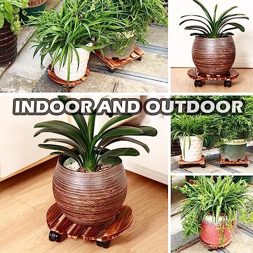 3 Pack Plant Caddy with Wheels Heavy Duty 13.5 Inch Wooden Plant Stand with Wheels Plant Dolly Rolling Plant Stand Plant Roller with Casters for Indoor and Outdoor with 3 Pack Plant Saucers, Round