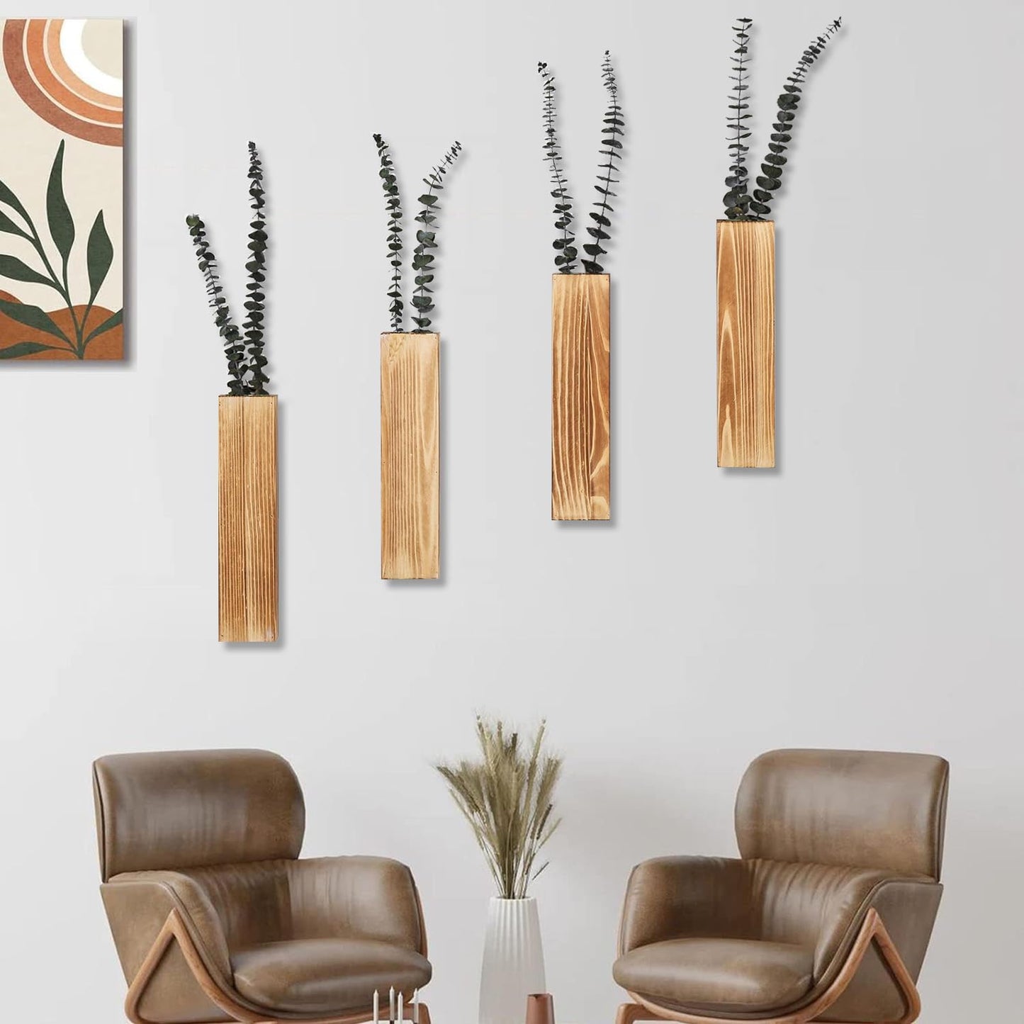 Wooden Wall Planter Set of 4 - Modern Home Decor for Living Room, Bedroom, Bathroom - Brown Finish Planter for Dried Flowers, Faux Greenery, Indoor Plants