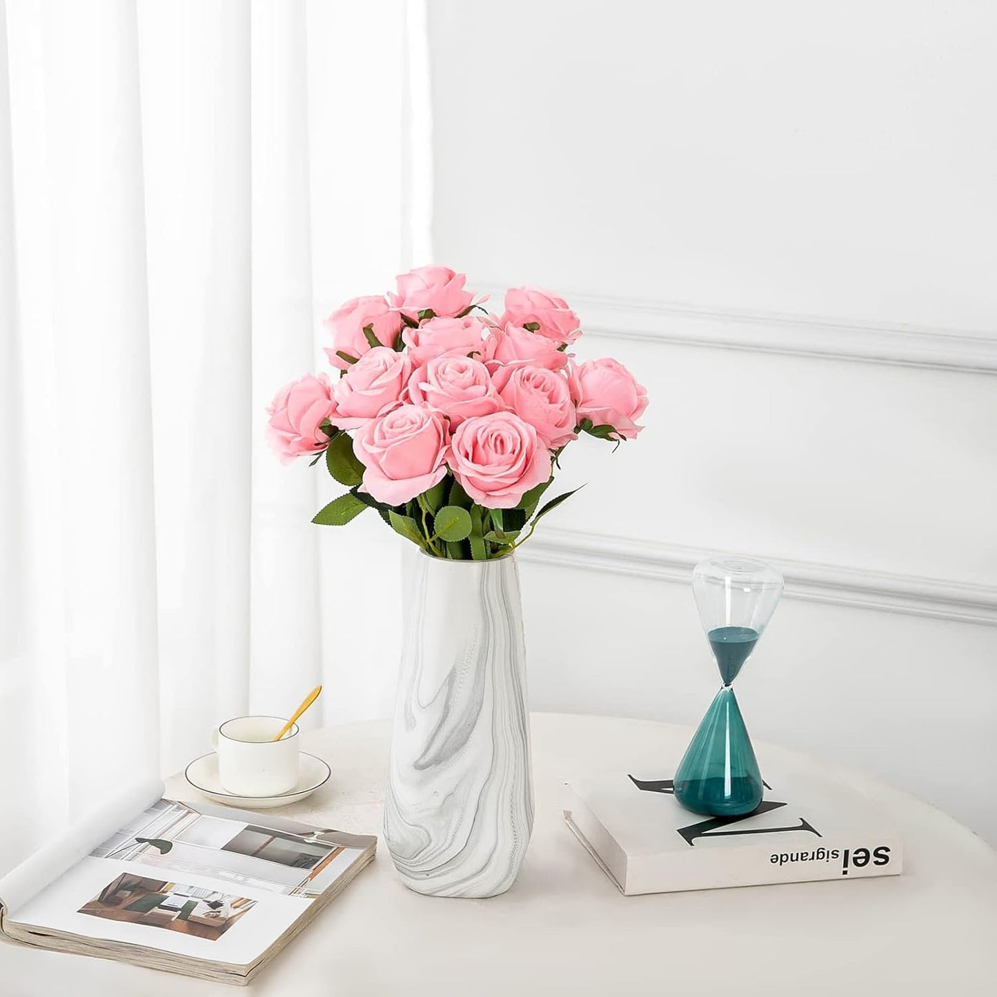 Hawesome FLORRALIA 12PCS Artificial Silk Flowers Realistic Roses Bouquet Long Stem for Home Wedding Decoration Party (12pcs-Pink) 1