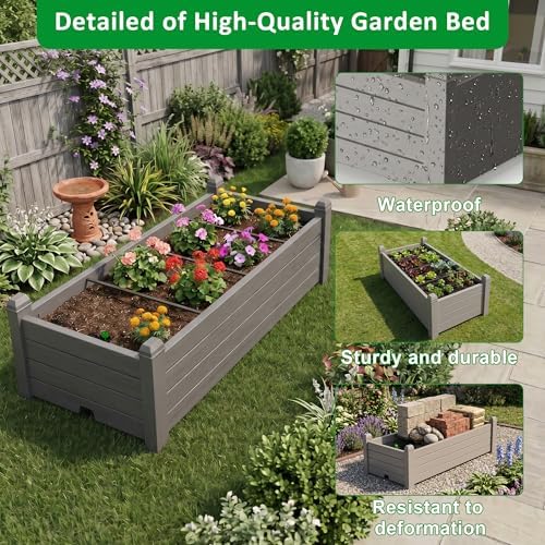 Raised Garden Bed, Self-Watering Resin Planter Box, Planter Boxes Outdoor with Drain Plug for Vegetables, Flowers, Plants(Grey)