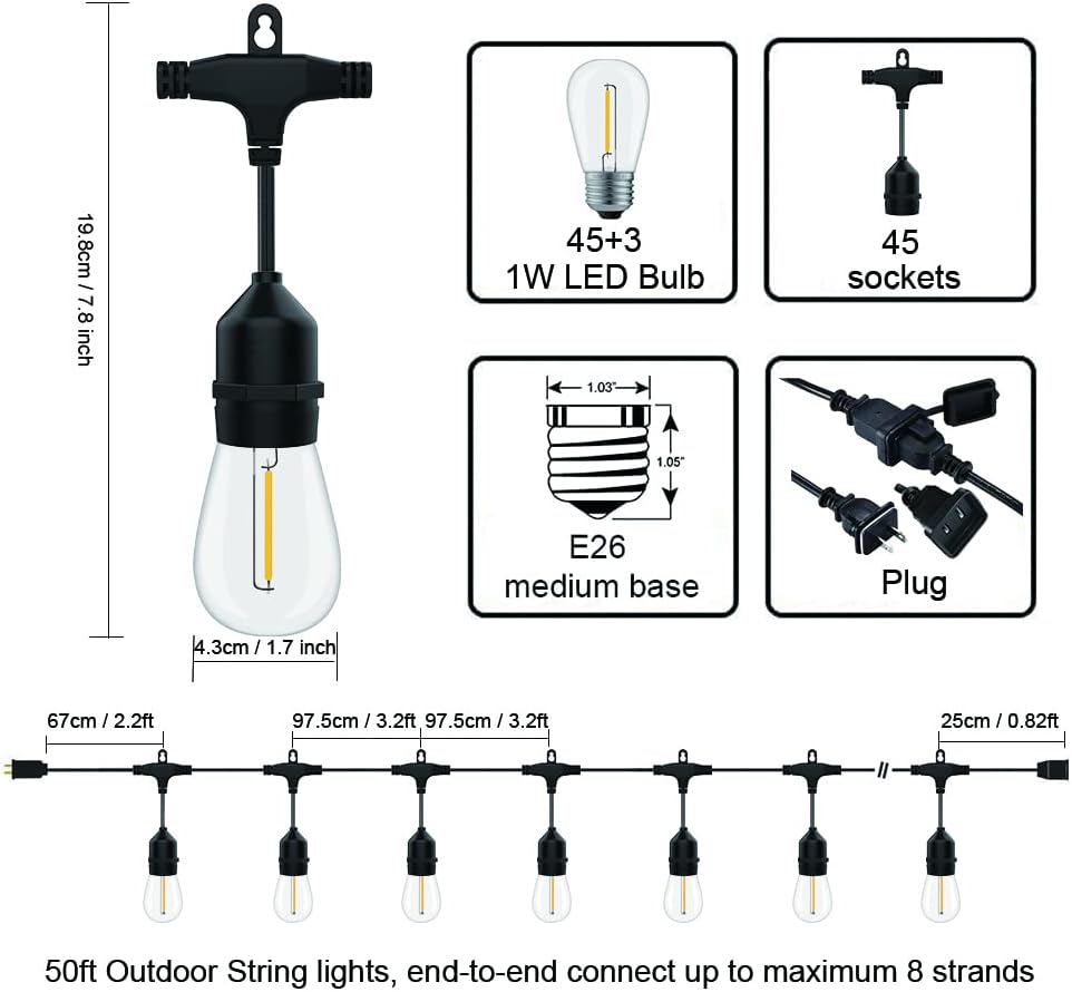 SUFEIMAS Outdoor String Lights LED 150FT with 45 Sockets 48pcs S14 Shattreproof Edison Bulbs,Dimmable LED Outdoor String Lights for Outside, Patio,Backyard, Market, Cafe (3 * 50ft)