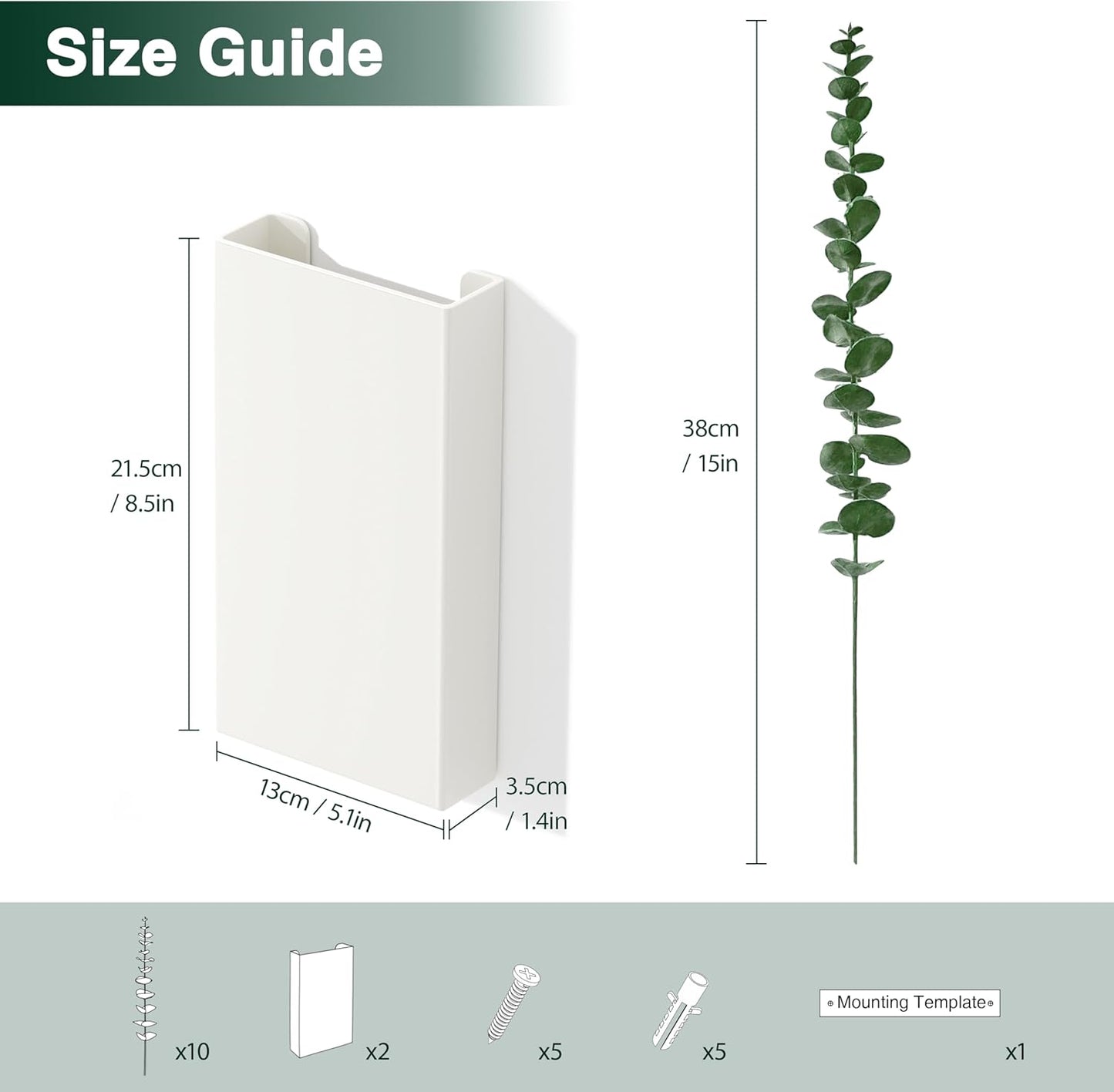 2 Pack Metal Wall Planter Vases Decor with Artificial Eucalyptus, Modern Farmhouse Rustic Hanging Pocket Planters for Indoor Greenery and Flowers, Living Room Bedroom Kitchen Decoration, White