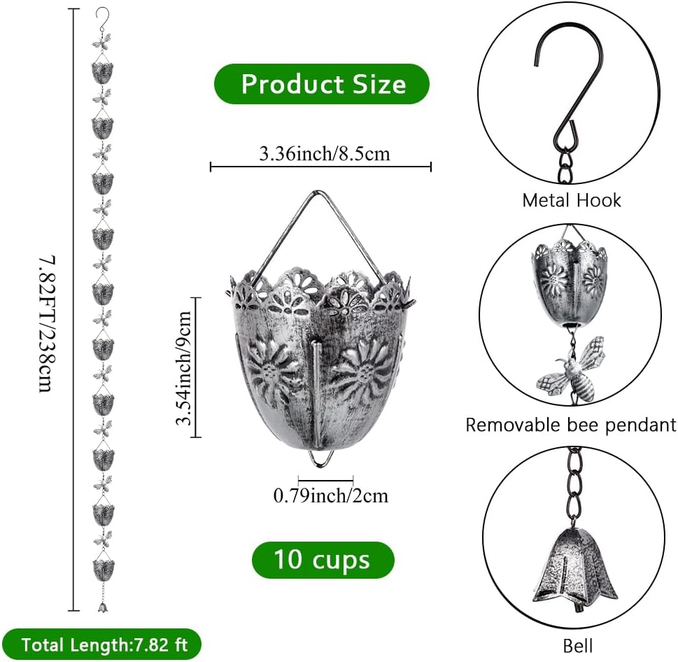 7.8 FT Rain Chain, Metal Rain Gutter Chains with 10 Cups & Detachable Bees Decor, Adjustable Rain Catcher Chain with Bell for Eaves Drainage, Replacement for Downspout