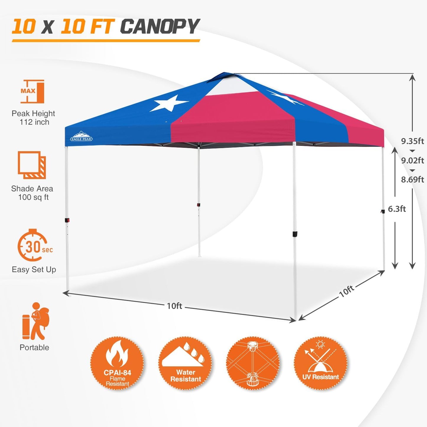 EAGLE PEAK Pop Up Canopy Tent with Wheeled Carry Bag, 8 Stakes, 4 Ropes, 4 Weight Bags, Easy Set Up Tent Canopy, 10x10 ft, 100sqft of Shade, Texas