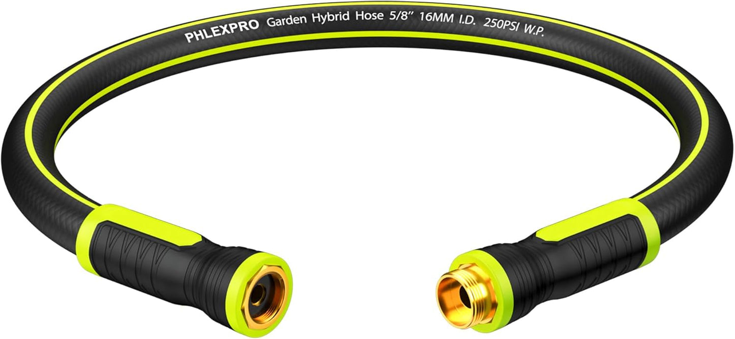 Garden Hose 3FT - PHLEX PRO Water Hose Heavy Duty Premium 5/8'' Rubber 3-Layer, Innovation Flexible Hybrid Lightweight Water Hose, Full Brass Male to Female Fittings