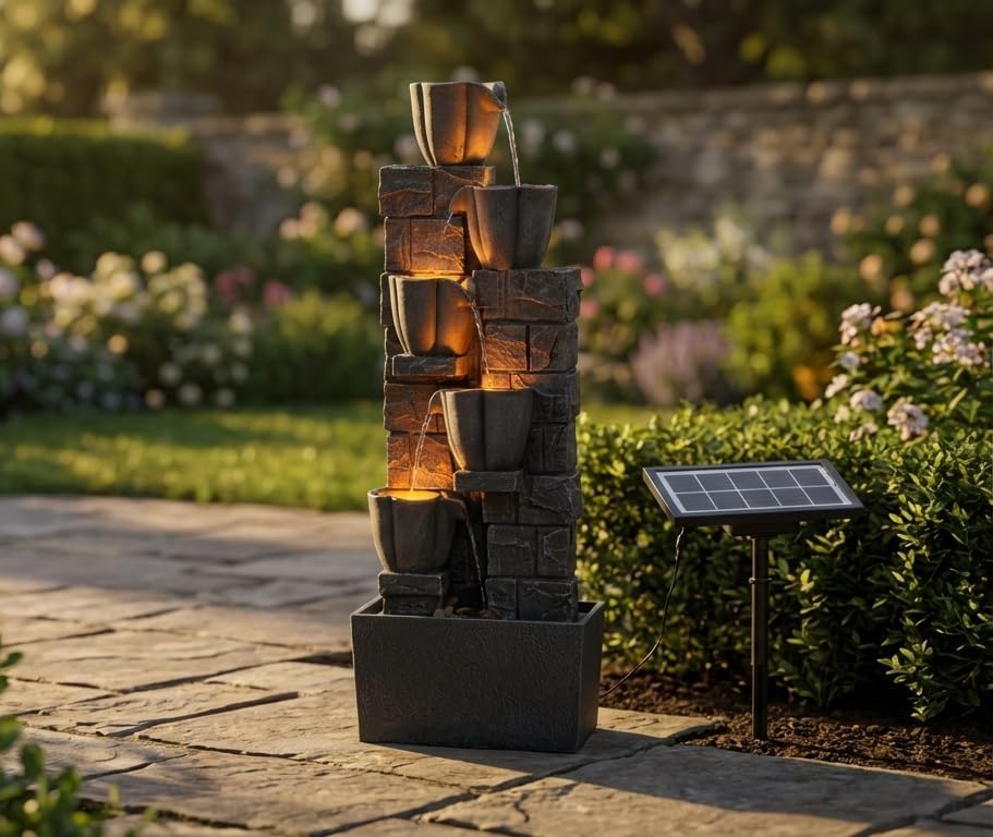 Solar Powered Water Fountain Outdoor, 38.2 Inch Tall 4 Tiers Tulip Waterfall Fountain with LED Lights, Grey Decorative Natural Water Feature Ornament for Garden, Patio, Lawn Yard Landscape