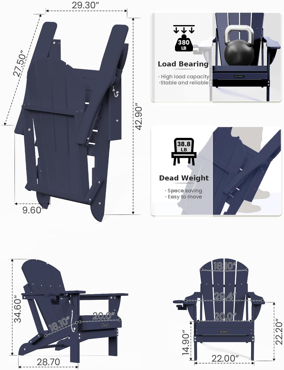 MUCHENGHY Folding Adirondack Chairs, Patio Chairs, Lawn Chairs, Outdoor Chair, Adirondack Chair Plastic, Fire Pit, Weather Resistant with Cup Holder for Deck, Backyard, Garden(Dark Navy Blue)