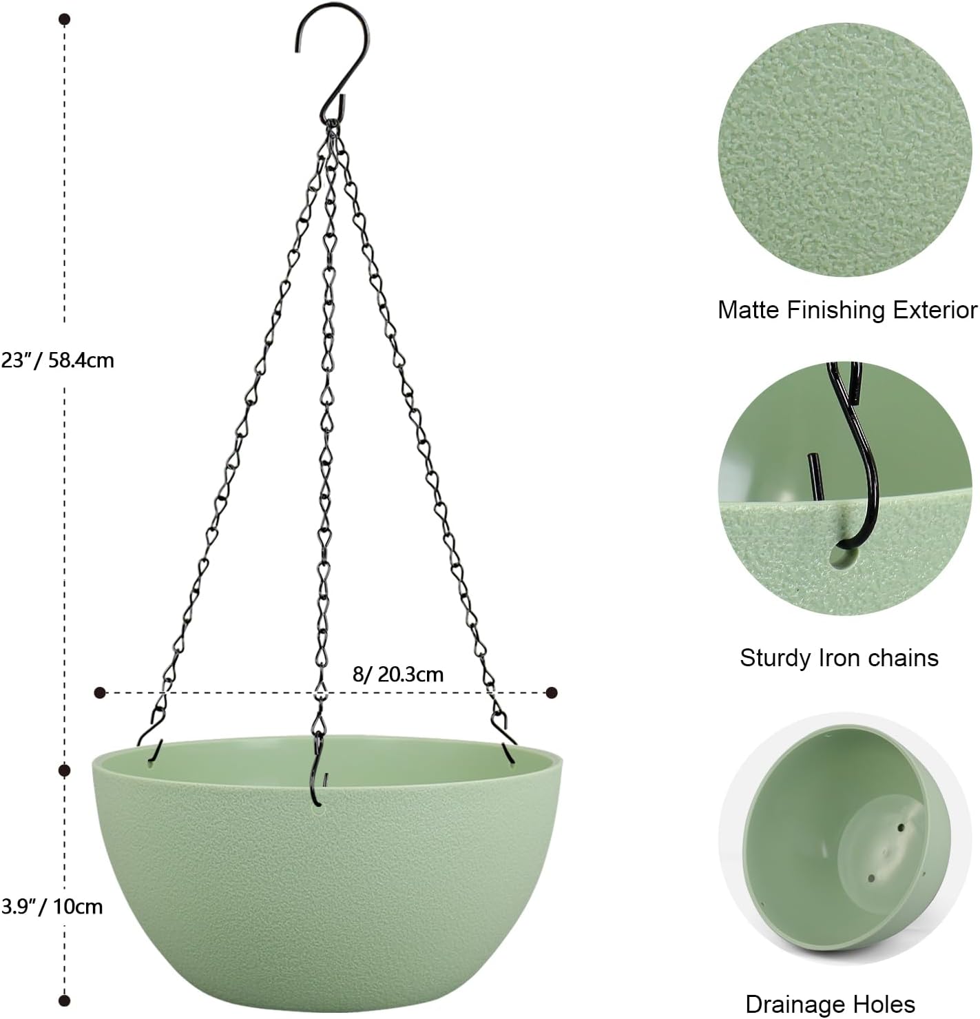 8 inch Small Hanging Planters Plant Pots for Indoor Outdoor Plants, 2 Pack Hanging Flower Pots with Drainage Holes and Chain for Garden Porch, Plastic Hanging Baskets for House Plants, Green