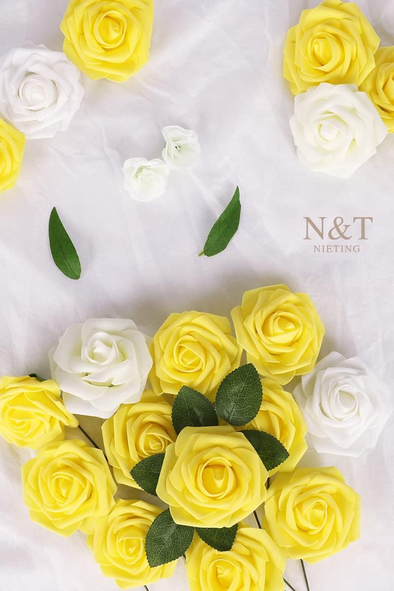 N&T NIETING Artificial Flowers Yellow Roses, 50 Pcs Fake Flowers Foam Roses Perfect for DIY Wedding Bouquets Centerpieces Bridal Baby Shower Party Home Flower Arrangement Spring Decorations