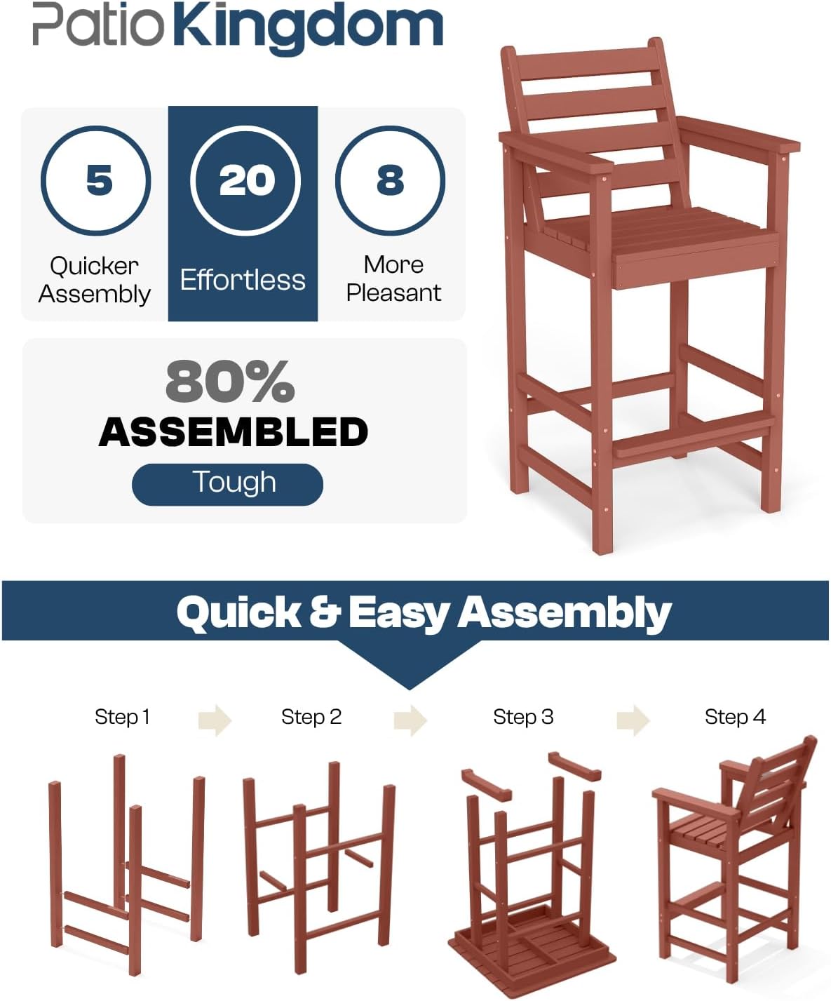 Outdoor Bar Set, 3-Piece HDPE Balcony Set with 2 Tall Adirondack Chairs and Bar Table, All-Weather Bar Height Stools for Patio, Backyard, Poolside (Terracotta)