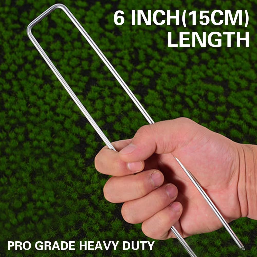 Bakulyor 150Pcs Landscape Staples + 150Pcs Gasket, 6 Inch Garden Stakes Staples 11 Gauge U Shaped Galvanized Lawn Landscape Pins, Heavy Duty Yard Ground Pin for Weed Barrier Sod Fabric Decorations