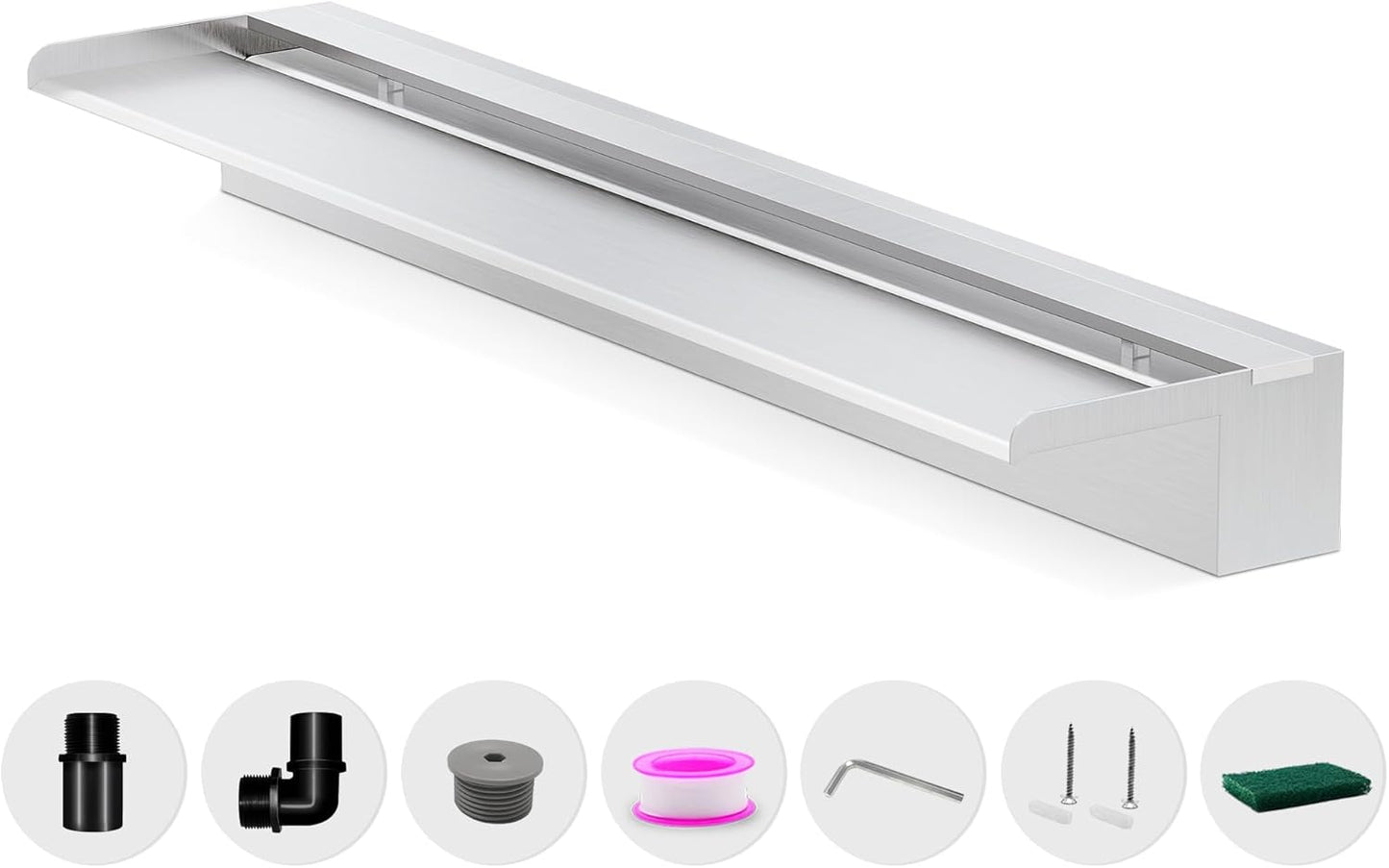 Waterfall Pool Fountain, LONGRUNNEW Stainless Steel Waterfall Spillway with Pipe Connector Kits for Outdoor/Indoor Decorative, 35.4 Inches Pool Water Feature for Garden Patio, Backyard Koi Pond Decor