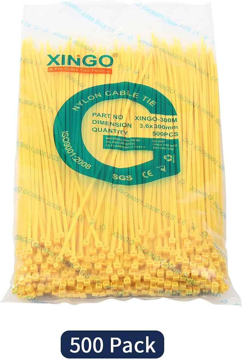 XINGO Nylon Cable Zip Ties Self Locking Plastic Wire Ties with 40 Lbs Tensile Strength for Indoor and Outdoor 12 Inch 500 Pack Yellow