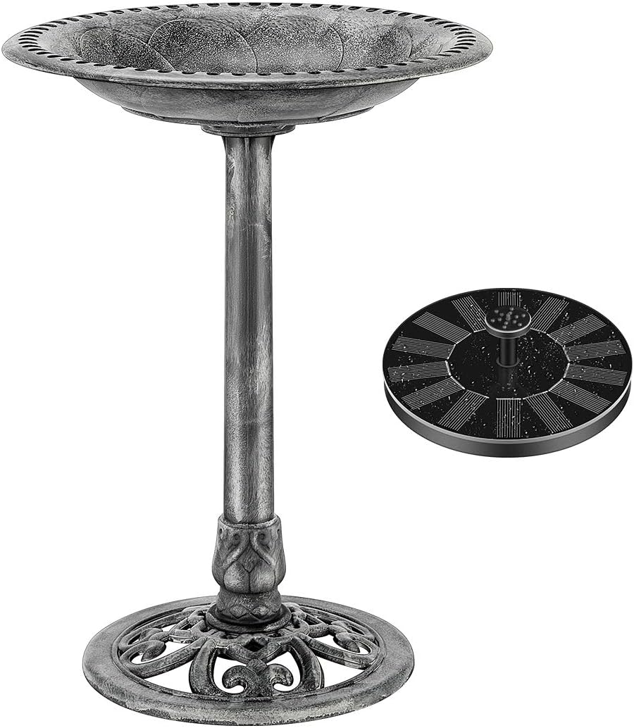 VIVOHOME Polyresin Antique Outdoor Gray Garden Bird Bath and Solar Powered Round Pond Fountain Combo Set