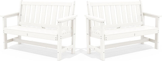 SERWALL Outdoor Bench, HDPE Outdoor Benches Weatherproof, 2-Person Garden Bench with 660 lbs Weight Capacity, Patio Benches for Outdoors, Garden, Porch, Backyard and Park, White, 2 Pack