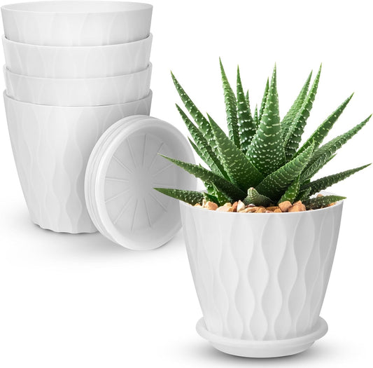 4 inch Plant Pots, 5 Pack Flower Pots Outdoor Indoor, Planters with Drainage Holes and Tray Saucers（White）