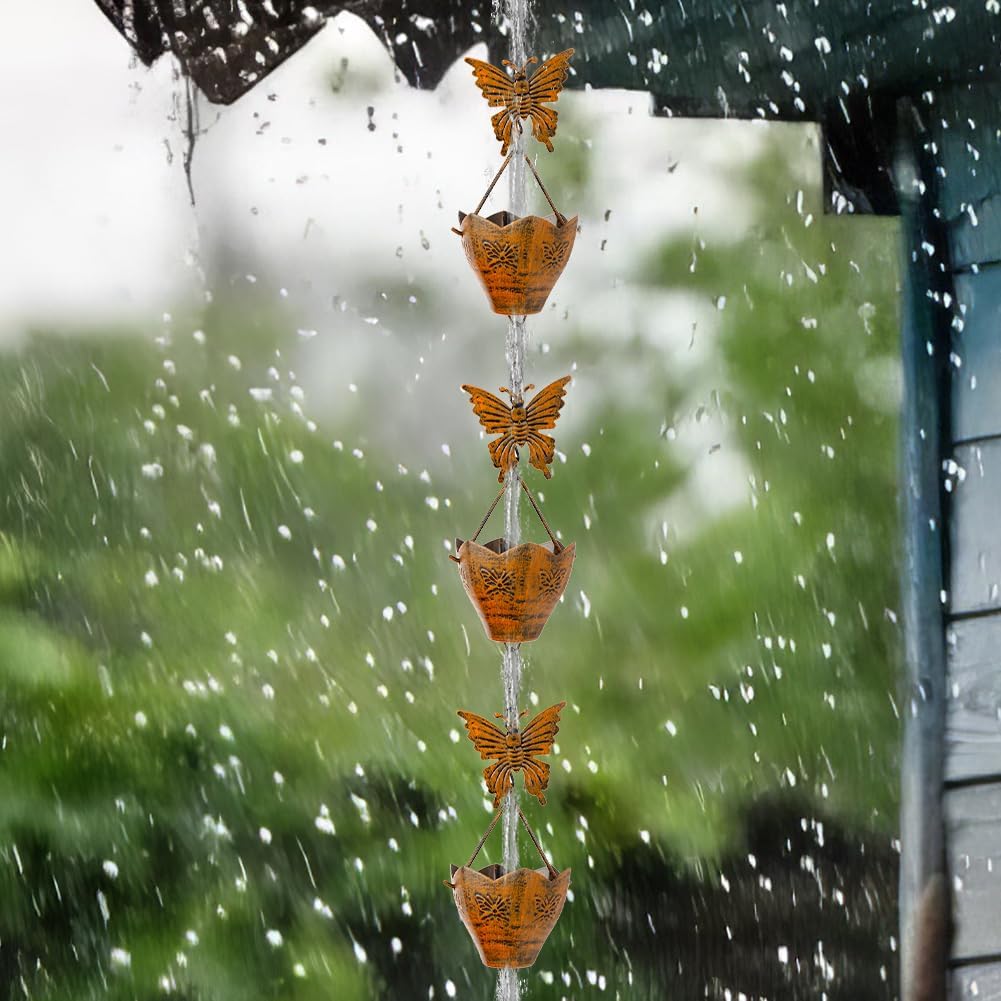 9.2FT Rain Chain for Outside, Rain Chain with 12 Butterfly Cups Adjustable Rain Chains for Gutters, Eaves, Drainage, Replacement for Downpout