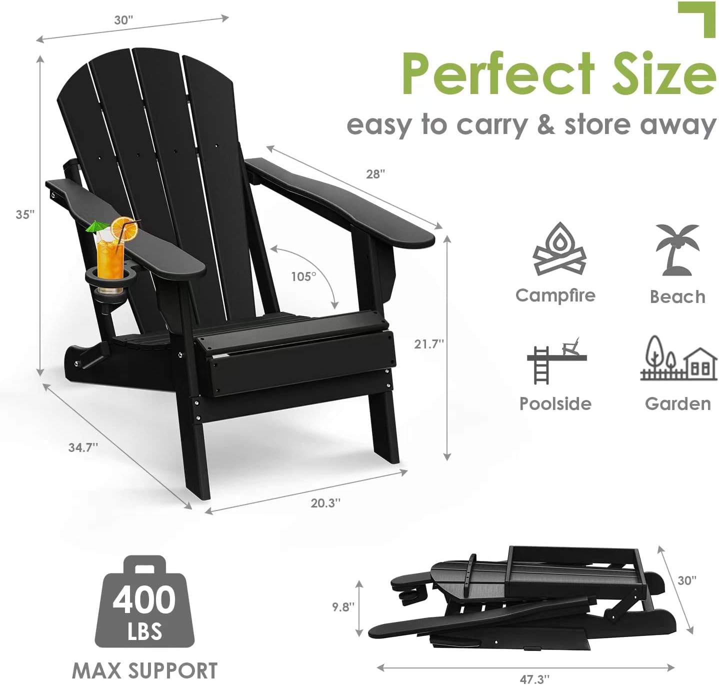 GREENVINES Folding-Adirondack-Chairs-Set-of-6 | HDPE Plastic | Fire Pit Chair | All Weather | Cup Holder | Black | for Deck Backyard Patio Outdoor Garden
