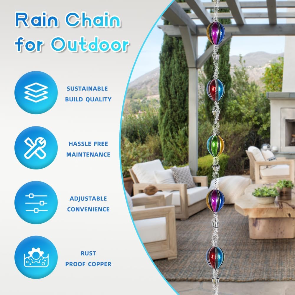 9.7 Ft Rain Chain, Hot Air Balloon Rain Chain for Gutters, 12 Cups Metal Rain Catcher Chain with Bell, Adjustable Length for Eaves Drainage, Replacement for Downspout