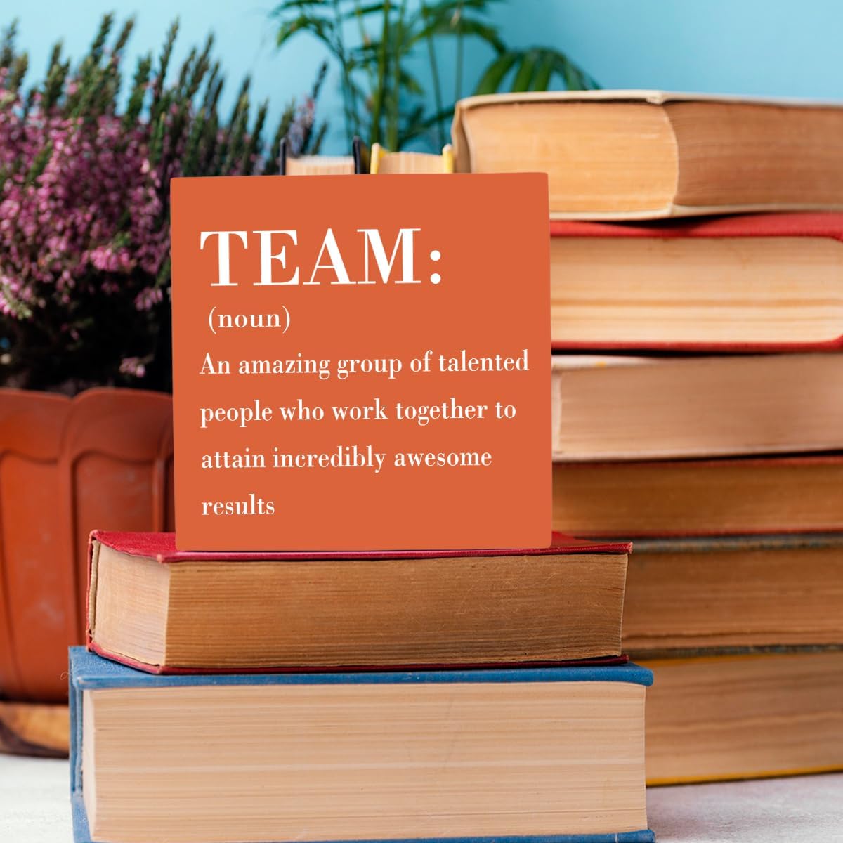 HTBIG Inspirational Team Noun Office Decor Wooden Box Sign, Rustic Black Wood Plaque for Home Desk Shelf Table Decoration, Coworker Gift, Orange