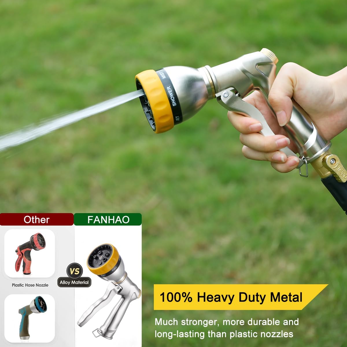 FANHAO Garden Hose Nozzle Sprayer, 100% Heavy Duty Metal Water Hose Sprayer with 7 Spray Patterns, High Pressure Spray Nozzle for Watering Plants & Lawns, Washing Cars & Pets