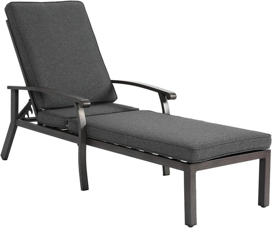 Outdoor Chaise Lounge with 5-Level Adjustable Backrest, Durable Aluminum Patio Chair with Waterproof Cushion & Wheels for Garden, Poolside, Grey