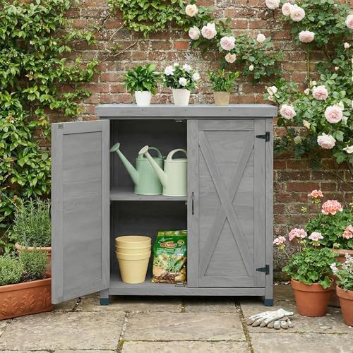 Potting Bench Outdoor Storage Cabinet with Waterproof Metal Top, Wooden Garden Work Station for Tools, Backyard Deck and Balcony Organizer, Outside Hutch, 36-Inch Tall Shed, Gray