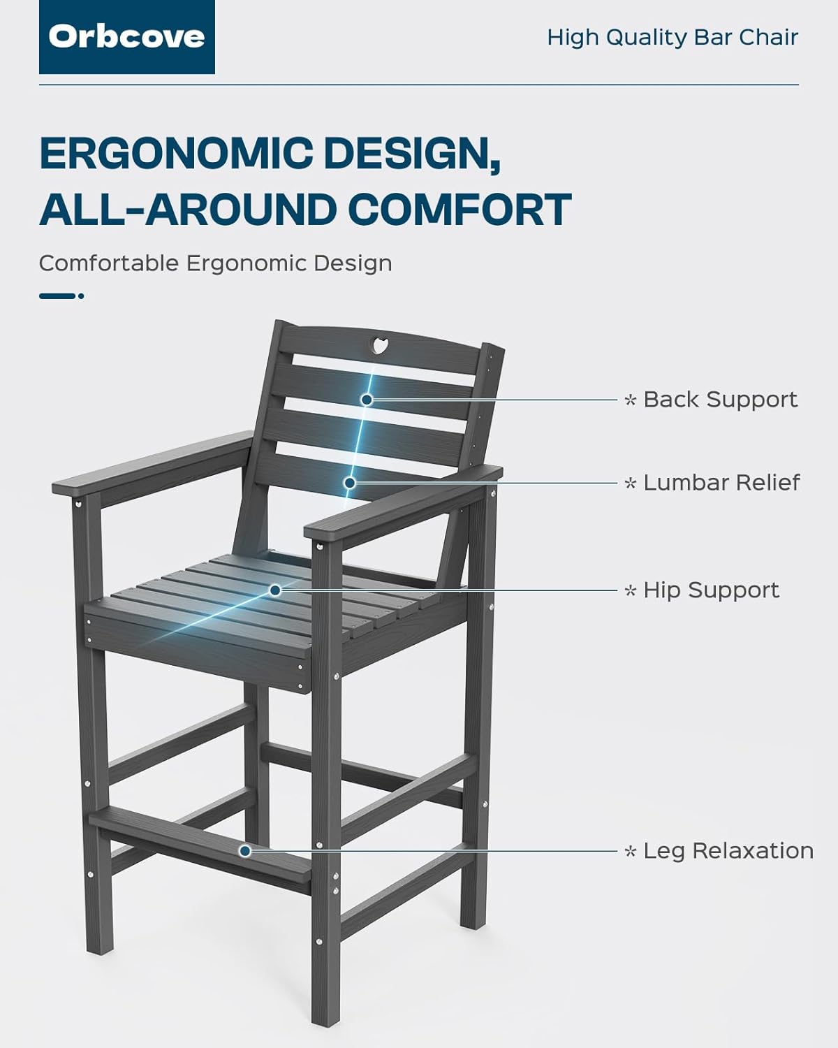Tall Adirondack Chairs Set of 2, HDPE Wood Balcony Adirondack Chairs Set with Heart Cutout Design, Weather-Resistant Bar Height Furniture for Deck, Porch, Pool (Grey)