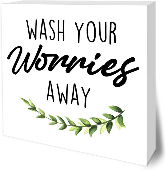 Wash Your Worries Away Wooden Block Sign - 5" Leaves Wooden Plaque Tabletop Decor - Rustic Farmhouse Wood Sign Gifts For Friends Family Coworker- Bathroom Toilets Desk Decor & Supplies -B17
