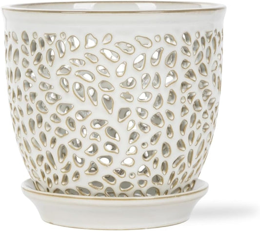 Elegant Orchid Pot with Holes, Large 6.5 inch Premium Porcelain Ceramic Orchid Pot for Repotting, Durable Ceramic Planter with Removable Saucer for Easy Drain, Planter Gifts for Moms