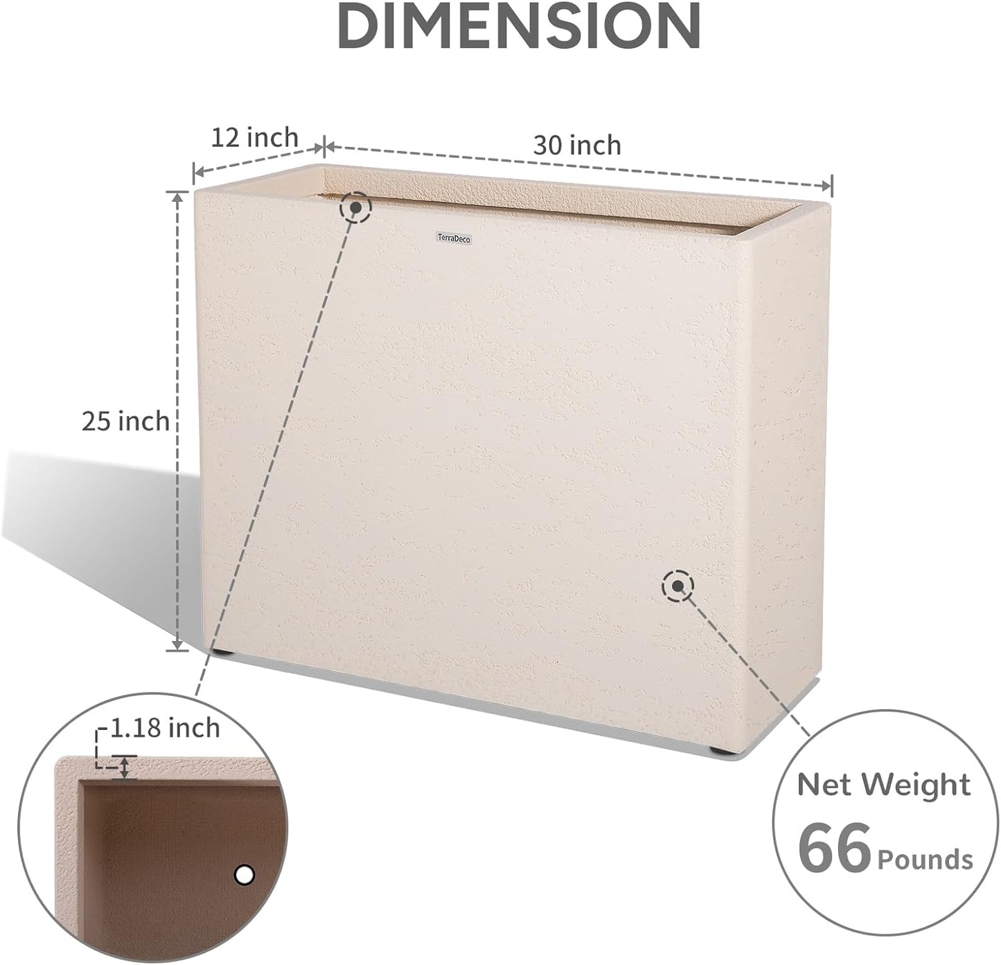Tall Rectangular Composite ConcretePlanter（30Lx12Wx25H，66 Pounds）,Durable All-Weather Use with Drainage Holes,Large Rectangular Planter for Outdoor Indoor Plants