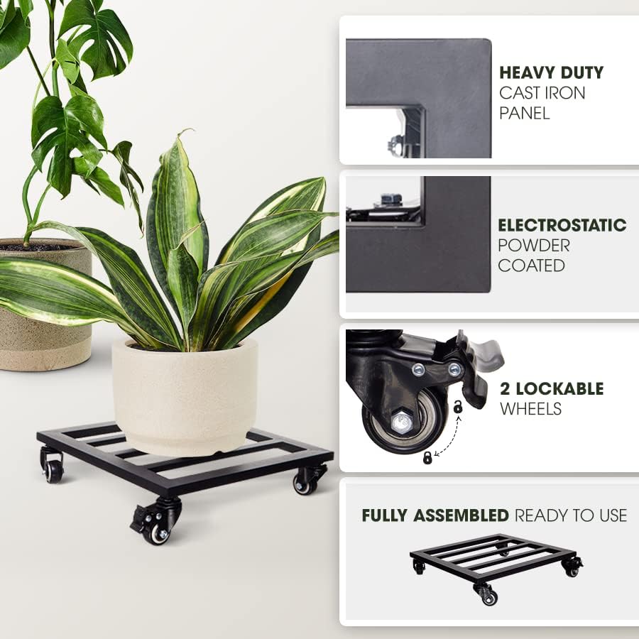 Plant Caddy with Wheels Lockable Heavy Duty Trolley Capacity 385 Lbs, Metal Cast Iron Plant Dolly, Plant Stand with Wheels Repositioning Heavy Pots 12Inch, Hauling Heavy Household Items - Black