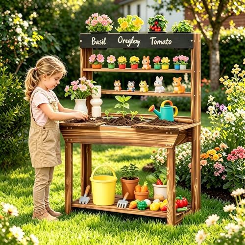 Costzon Kids Potting Bench, Mud Kitchen for Kids Outdoor w/ 4 Pots