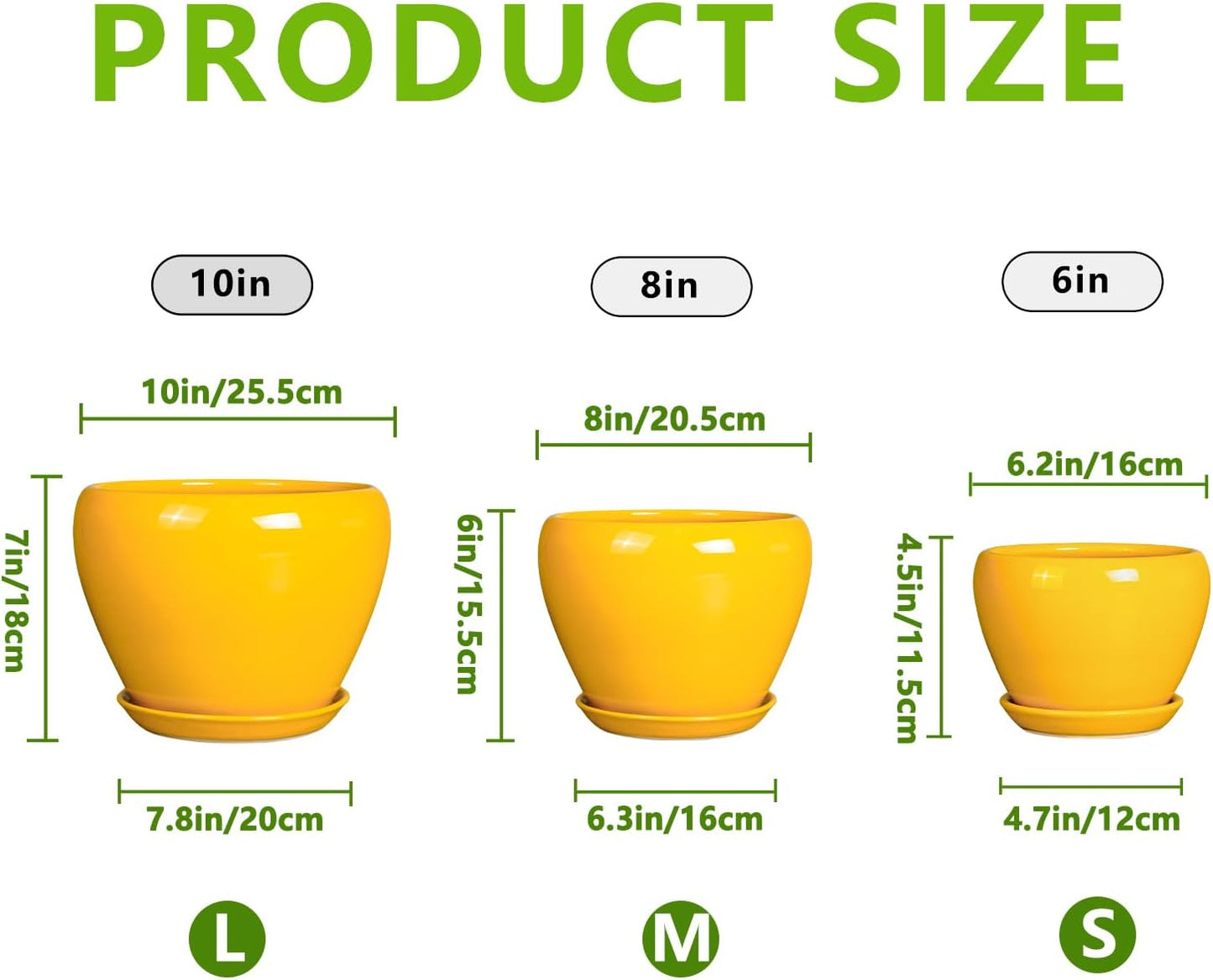 Ceramic Planters Set of 3 - Modern Round 10+8+6 Inch Plant Pots with Drainage Holes and Plant Trays for Indoor Outdoor Flowers, Decorative Garden Room Home Decor, Housewarming Gifts, Yellow