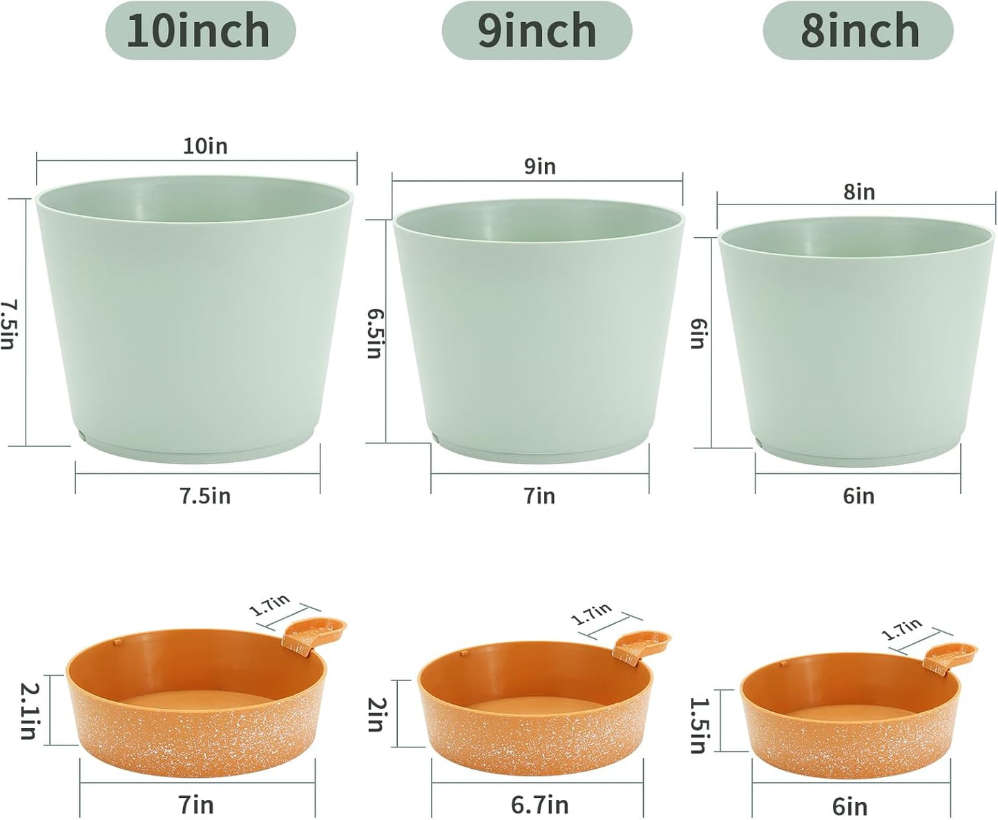 GARDIFE 10/9/8 inch Plant pots, planters for Indoor Plants, self Watering Plant Pot, Flower pots, Green