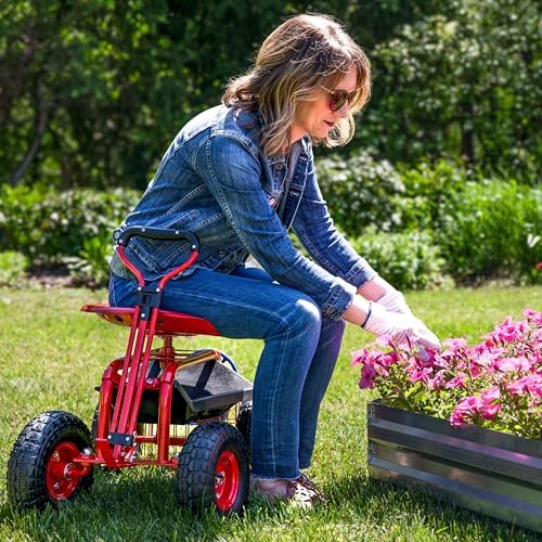 Sunnydaze Garden Seat with Wheels and Adjustable Handle, Red