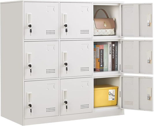 Student Locker Organizer, Multi-Door Steel Locker, Small Locking Cabinet Storage Organizer, Office File Cabinet, Home Locker, Gym Locker, Metal Storage Locker - Gray and White (9 Door, White)