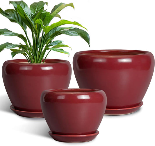 Ceramic Pots for Plants - 10 Inch 8 Inch 6 Inch Plant Pots with Drainage Holes and Saucers Large Planters for Indoor Plants Decorative Outdoor Flower Pots Set of 3 Red
