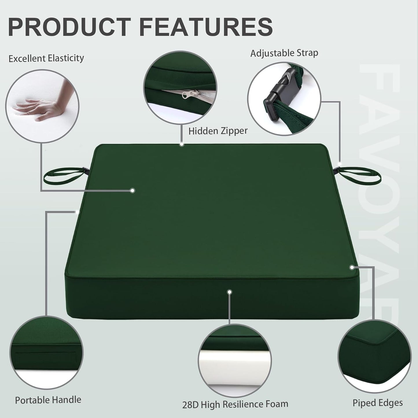 Favoyard Patio Chair Cushions 22 x 22 x 3 Inch Waterproof Outdoor Seat Cushions for Patio Furniture 3-Year Color Fastness Garden Sofa Couch Chair Pads with Handle & Adjustable Straps Set of 2, Green
