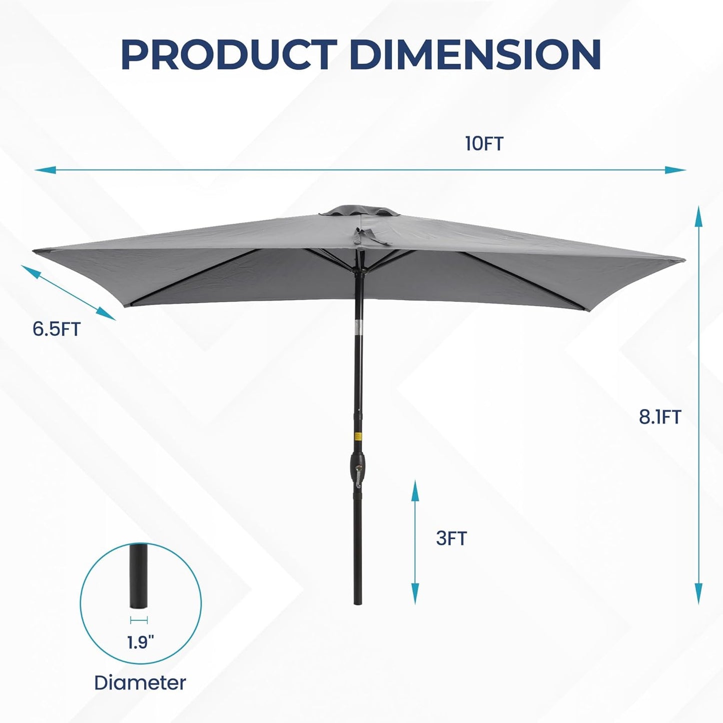 SUNVIVI OUTDOOR Patio Umbrella, 6.5' x 10' Rectangular Patio Umbrella, Metal Pole Square Outdoor Umbrella with Crank and Push Button Tilt, 6 Steel Ribs, Polyester Canopy