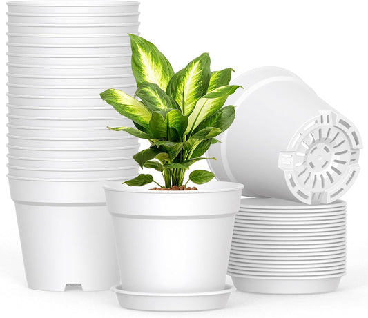 20 Pack 6 Inch Plant Pots with Drainage and Saucers, White Plastic Flower Pots for Indoor and Outdoor Plants, Stackable Nursery Planters for Houseplants and Herbs, White
