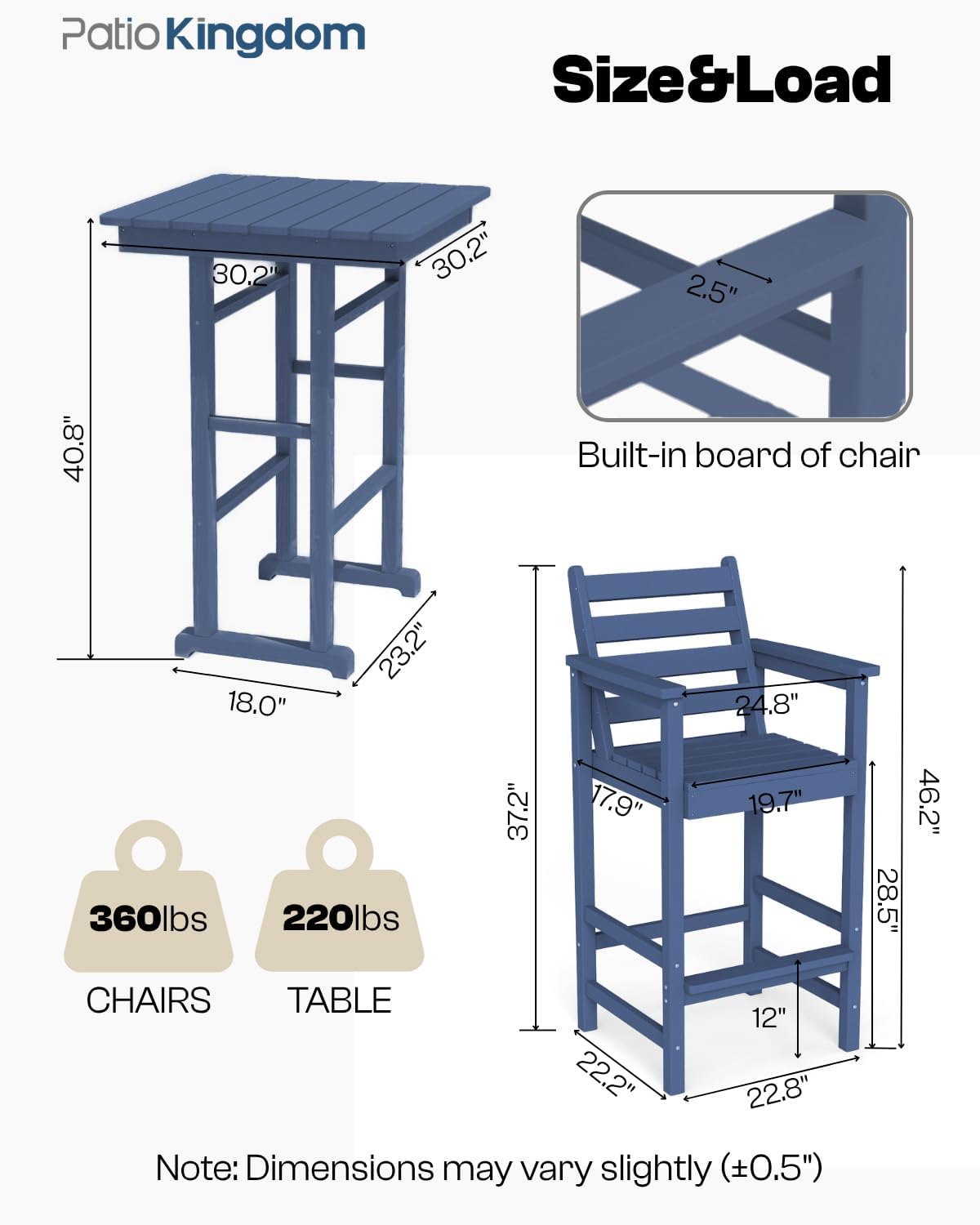 3-Piece Outdoor Bar Set with Beige 9FT Patio Umbrella, HDPE Tall Balcony Adirondack Chairs and Table, All-Weather Outdoor Bar Stools for Patio (Navy Blue)