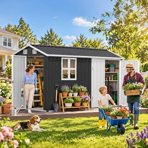 DWVO 12' x 8' Outdoor Metal Storage Shed with Windows & 3 Lockable Doors
