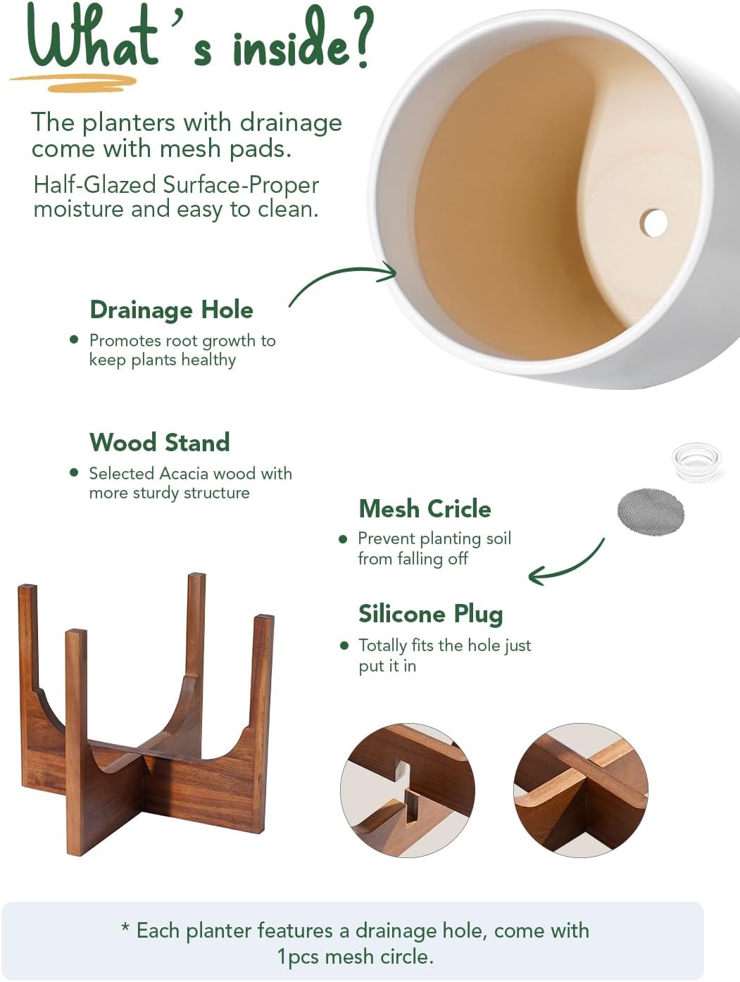 LE TAUCI 10 Inch Plant Pot with Acacia Wood Stand, Ceramic Planters for Indoor Plants, Unique Plant Pots Indoor for Home Decor, Mid-Century Modern Pots for Plants with Drainage Hole and Plug, White