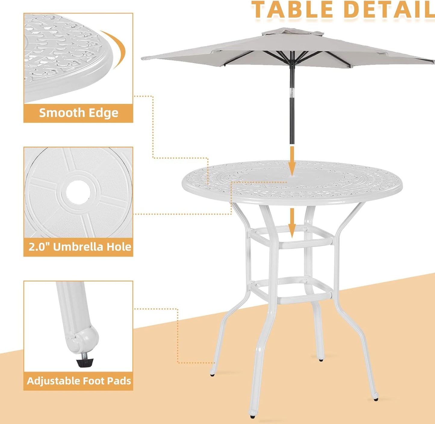 5 Pieces Patio Swivel Bar Set, Patio Bar Table and Chairs Set, All-Weather Cast Aluminum Outdoor Swivel Bar Stools of 4 and 38.5" Round Bar Table, High Top Bistro Set for Deck, Pool, White